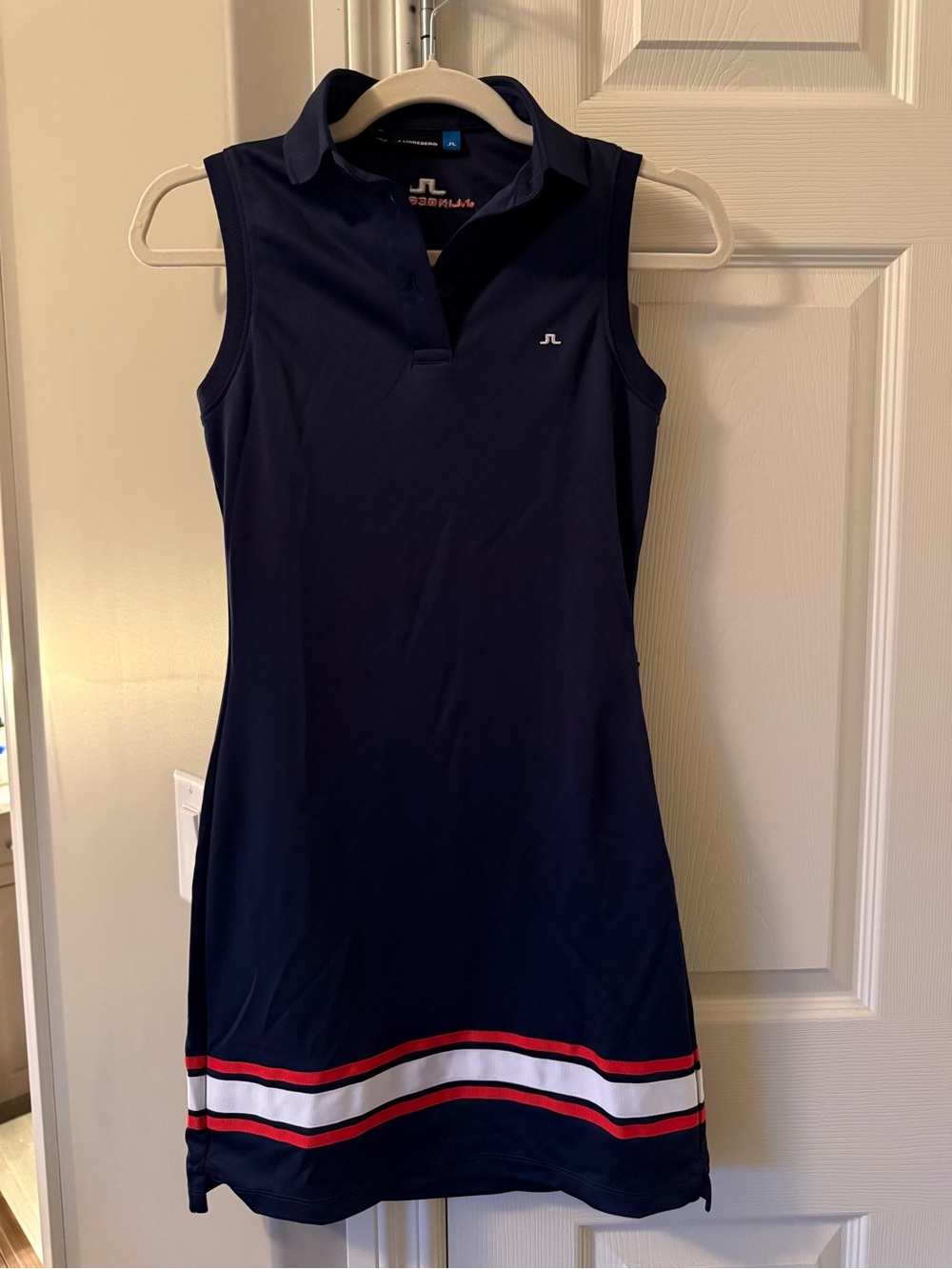 J.Lindeberg Navy Sleeveless Polo Midi Dress with Red & White Hem Stripes